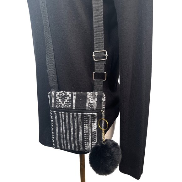 2/$30 Black White Woven Adjustable Crossbody Bag Black Mink Faux Fur Pom Pom NWT - Picture 1 of 6